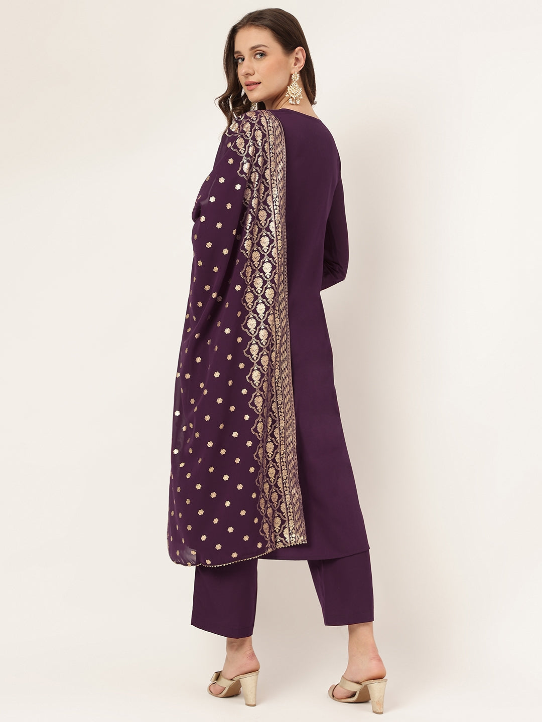 FIORRA Women's Purple Poly Crepe Flared Kurta with Dupatta and Pant